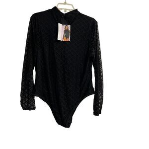 Black Long Sleeve Mock Neck Diamond Net Mesh Sheer‎ Bodysuit Size XL Lingerie